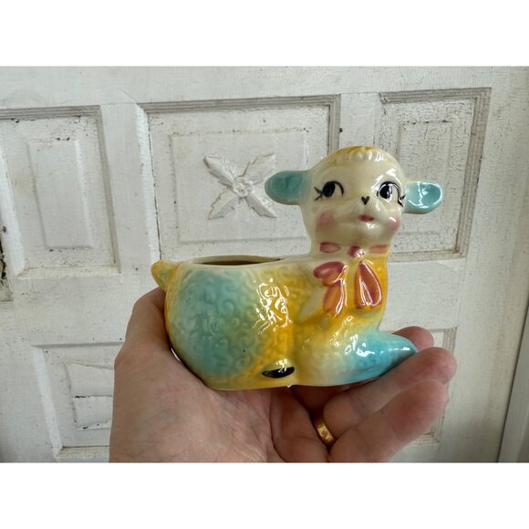 Vintage 40's Shawnee Lamb/sheep Planter Vase Yellow and Blue - Picture 7 of 10